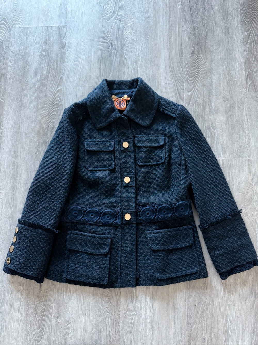 Tory Burch Girls' Navy Textured Pea Coat with Gold Buttons